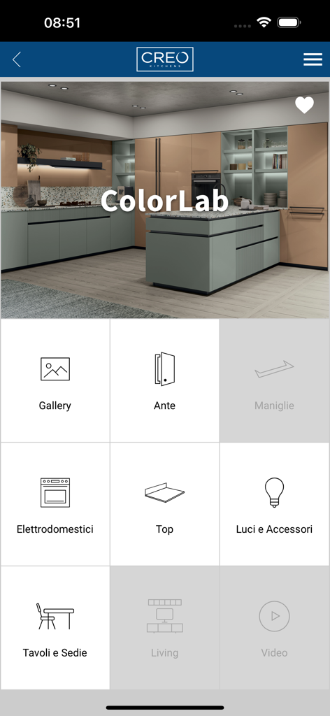Gruppo LUBE - CREO Kitchens app interface showing the ColorLab section with modern kitchen design options and feature categories