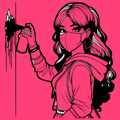 realistic girl with mask spray painting a wall