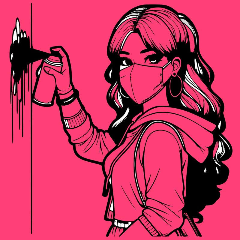 realistic girl with mask spray painting a wall