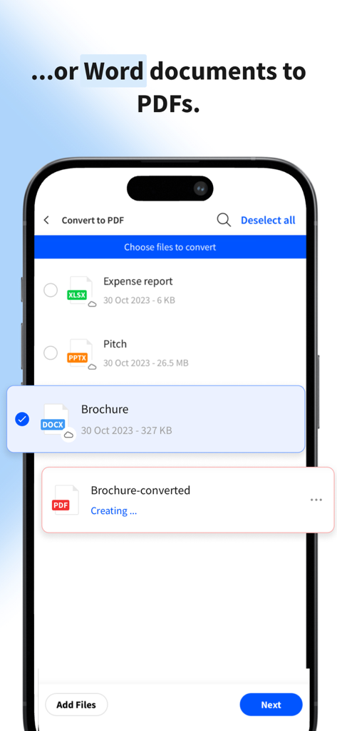 Smallpdf: Scanner & PDF Editor - Interfaccia dell'app Smallpdf che mostra la conversione di un documento Word in un file PDF