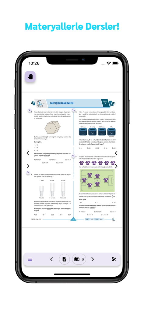 Tela de smartphone exibindo uma aula de matemática no aplicativo Isler Mobil Kutuphane com recursos de livro didático digital interativo
