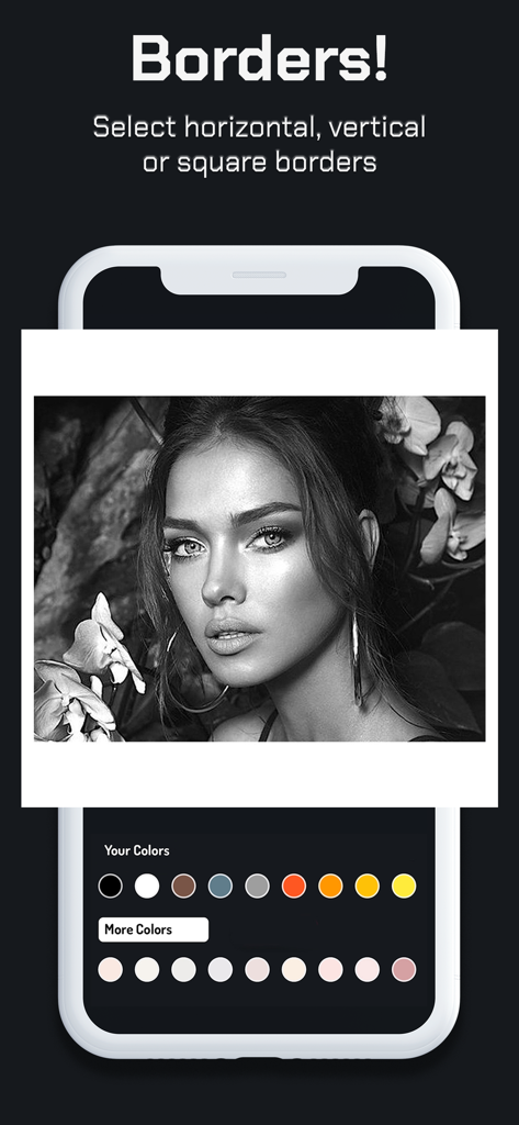 WhiteGram app interface showing a black and white photo with a thick white border and a color palette for customization.