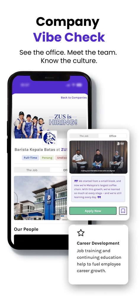 Hiredly | Malaysian Job Search - Hiredly app screen showing the Company Vibe Check feature with office tours and team videos for ZUS Coffee