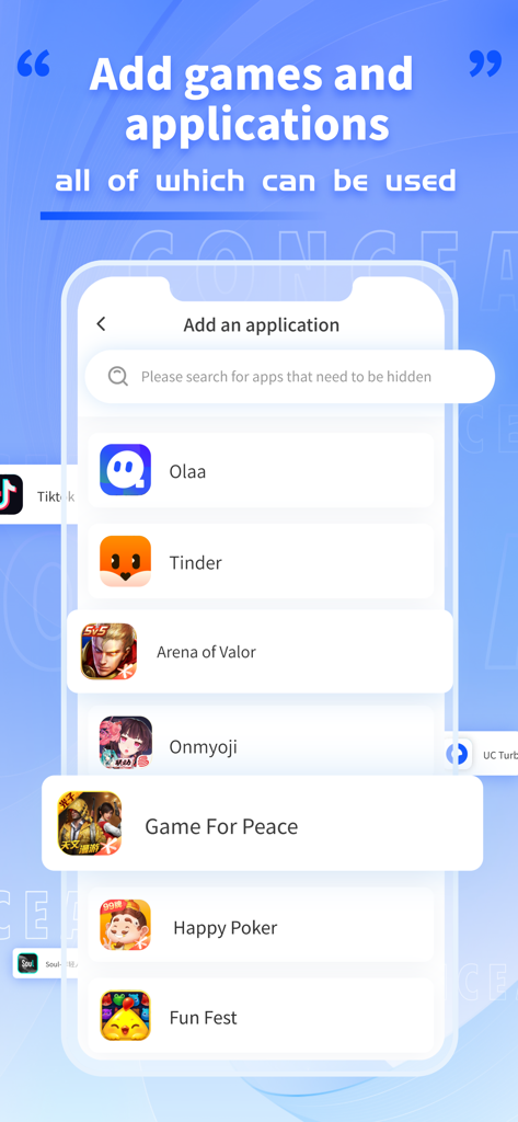 App Hide - App Lock - Interface for adding applications and games like Tinder and Arena of Valor to the hidden vault in App Hide.