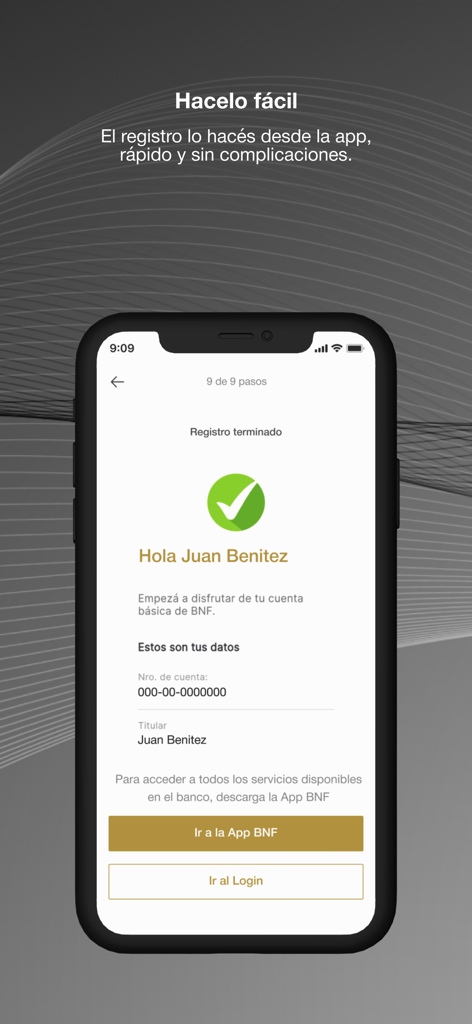 BNF Paraguay - BNFパラグアイモバイルアプリでのデジタル口座登録の成功確認画面。