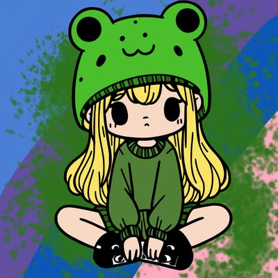 a girl wearing a frog hat and some frog socks