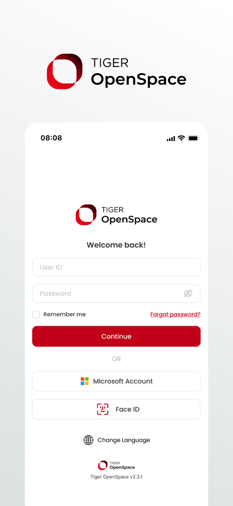 Tiger OpenSpace - Tiger OpenSpace mobile app login screen with fields for User ID and password and options for Microsoft Account and Face ID.