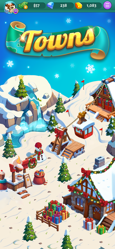Solitaire Cash - Carte de village sur le thème de l'hiver dans le jeu mobile Solitaire Cash