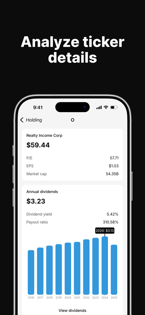 Dividend Tracker - Plainzer - Plainzer app screenshot showing ticker details and annual dividend history chart for Realty Income Corp