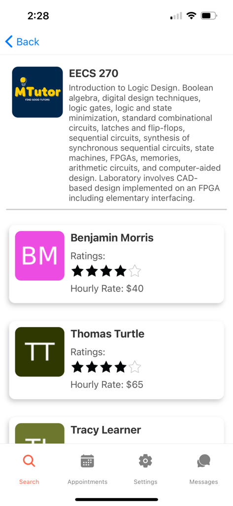 MTutor - Pantalla de la aplicación MTutor que muestra los resultados de búsqueda para el curso EECS 270 con una lista de tutores disponibles, sus calificaciones y tarifas por hora.