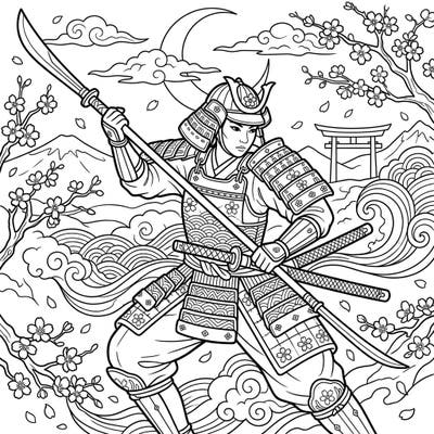Embark on an epic coloring journey with this dynamic illustration of an Onna-Bugeisha, a legendary female samurai warrior. Perfect for teens, this page features intricate details and a powerful pose inspired by ancient Japan.