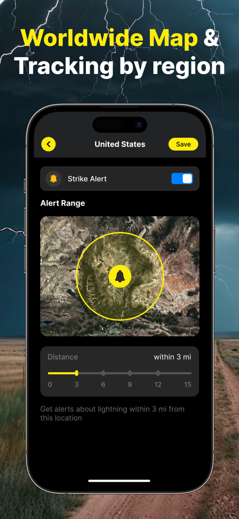 Interface do aplicativo Rastreador de Radar de Relâmpagos mostrando como definir alertas de descarga e alcance por região em um mapa