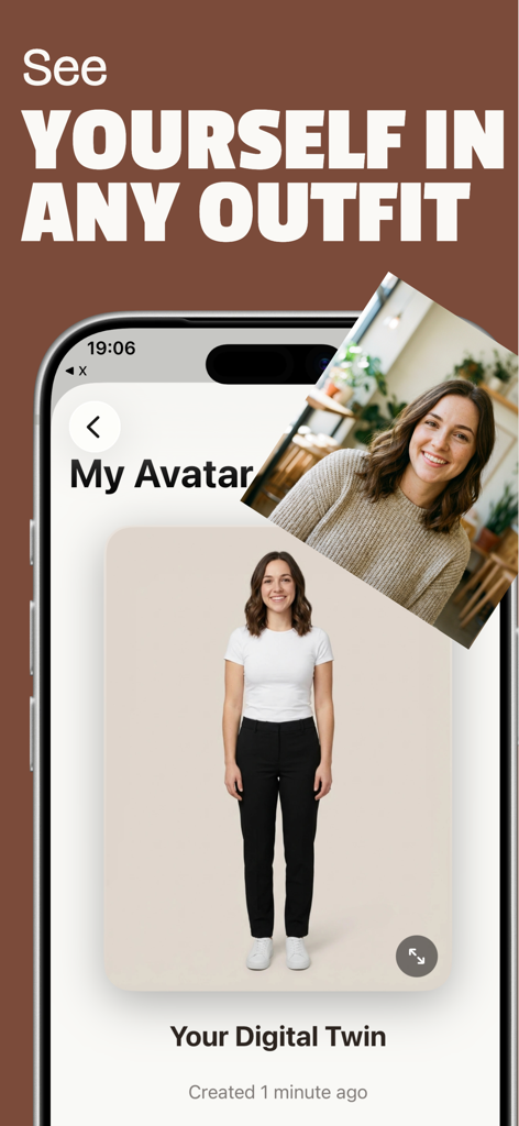 Adorna - Pantalla de la aplicación Adorna que muestra un gemelo digital personalizado para la prueba virtual de atuendos.