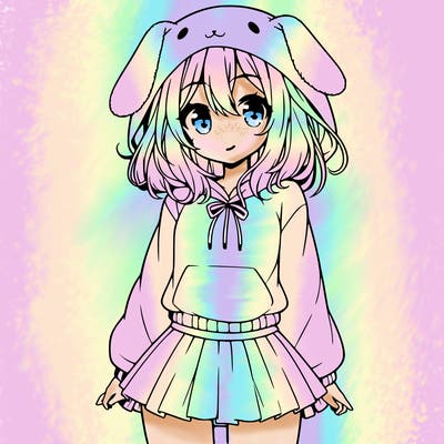 pretty anime girl wearing a fluffy hoodie with bunny ears on the hood and a skirt