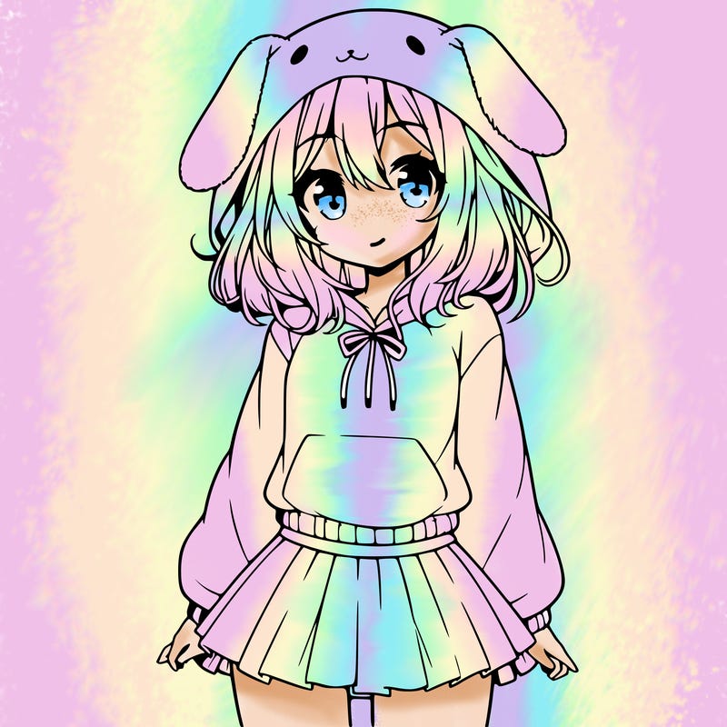 pretty anime girl wearing a fluffy hoodie with bunny ears on the hood and a skirt