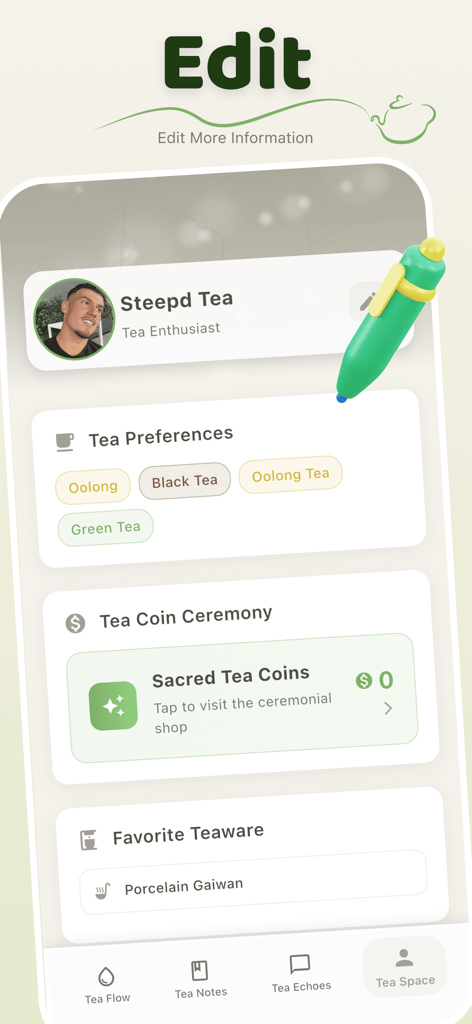 SeeTi - Video & Space - A user profile editing screen in the SeeTi app showing tea preferences, sacred tea coins, and favorite teaware like a porcelain gaiwan.