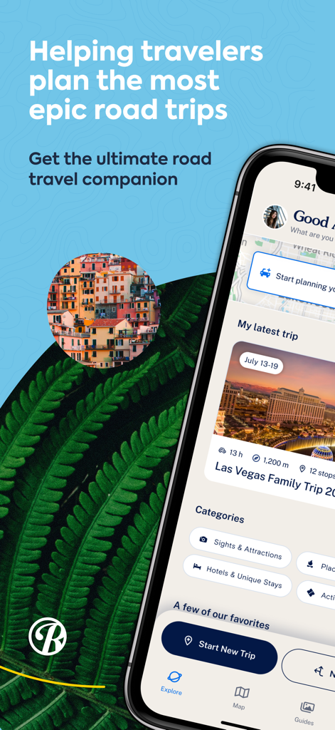 Roadtrippers mobile app interface showing trip planning features and travel categories on a smartphone
