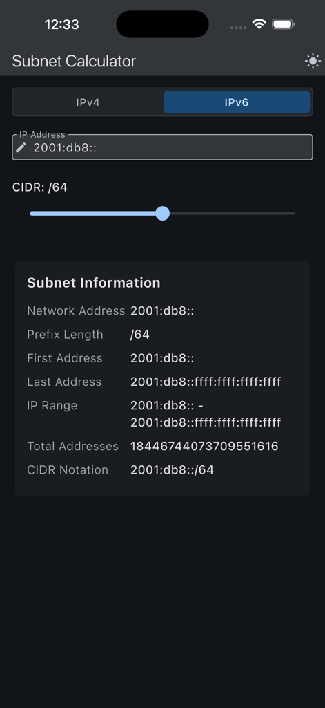 Tela do aplicativo Calculadora de Sub-rede mostrando detalhes do endereço de rede IPv6 e informações de sub-rede