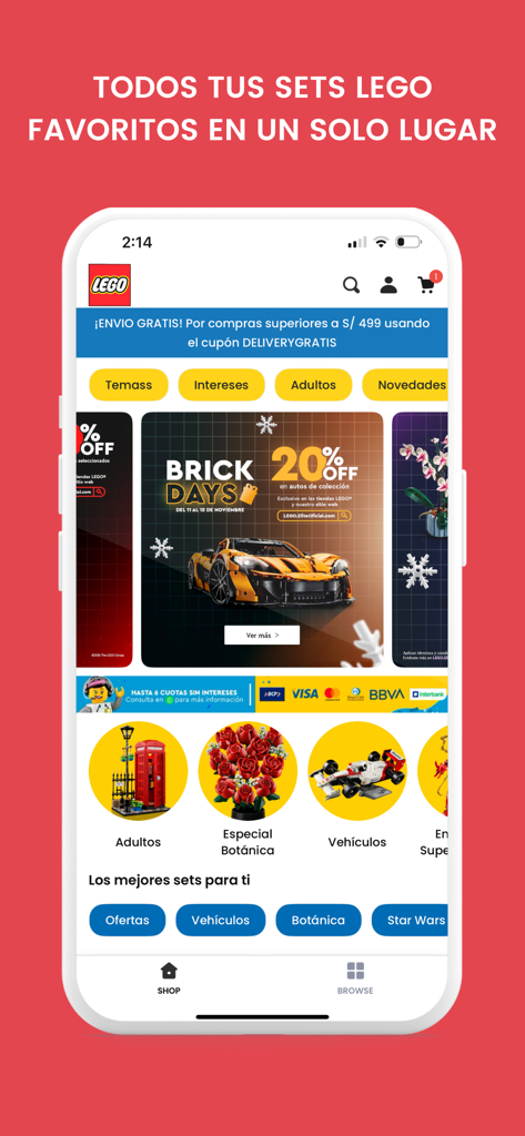 Tienda LEGO® Perú - Pantalla de inicio de la app oficial Tienda LEGO Perú mostrando sets exclusivos y ofertas promocionales