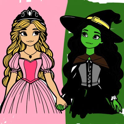 a princess and a witch holding hands realistic