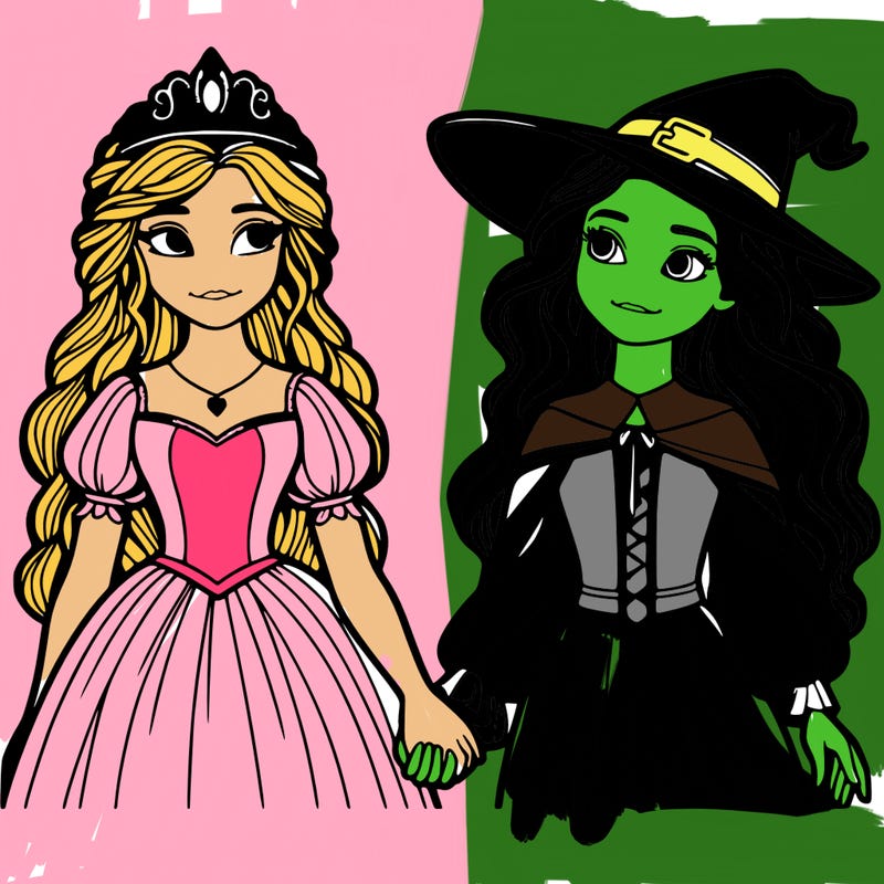 a princess and a witch holding hands realistic