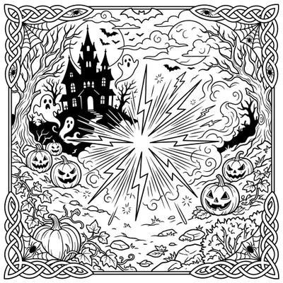 Dive into a thrilling Halloween night with this electrifying coloring page featuring a dramatic clap of thunder. Surround yourself with spooky ghosts, a haunted mansion, and grinning jack-o'-lanterns, perfect for a chilling creative session.