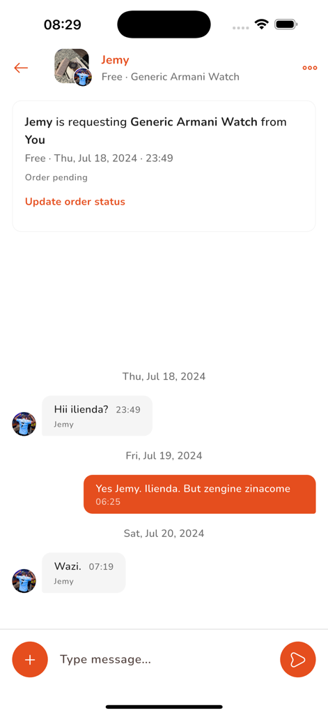 A chat interface in the Nikela app showing a product request and conversation between a buyer and a seller.