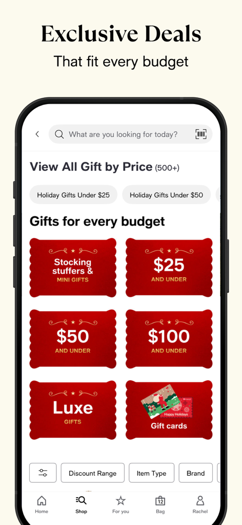 Macy's: Online Shopping & Save - Macy's mobile app holiday gift guide interface showing gifts sorted by price categories.