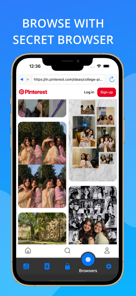 Screenshot of the Safe Private Vault app showing the secret browser feature with Pinterest loaded.