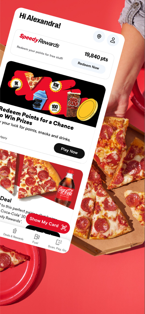 Speedway Rewards app interface showing points balance and food offers for pizza and soda