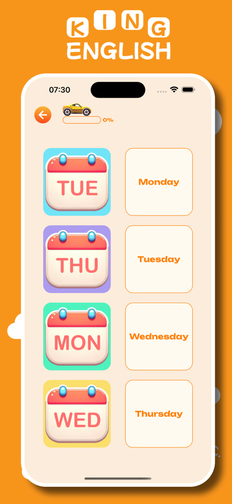 Educational matching game for learning days of the week in King English Game.