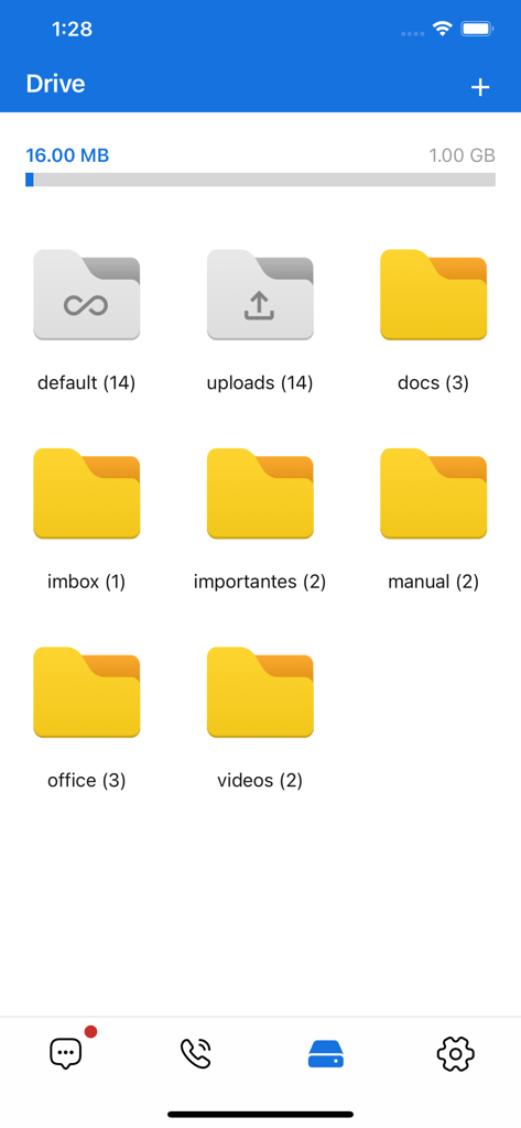 IMBox app drive screen showing file folders and storage usage
