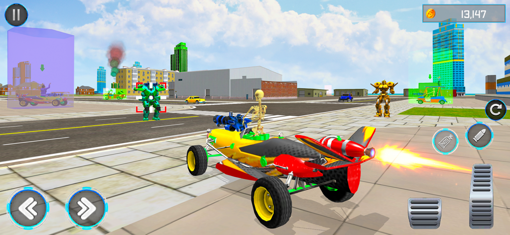 Robot Car Battle - Robot Games - A skeleton driving a jet-powered battle car toward an enemy robot in a city