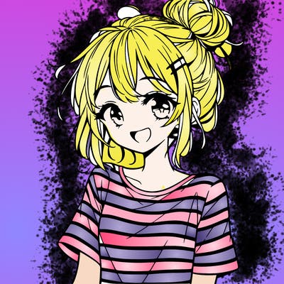 anime girl teenager striped shirt and smile and messy bun