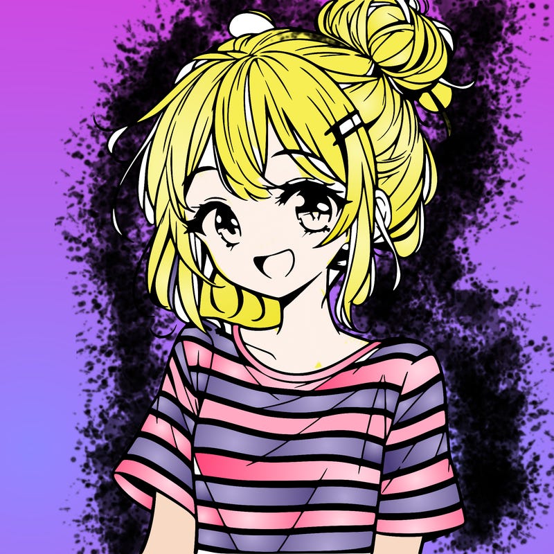 anime girl teenager striped shirt and smile and messy bun