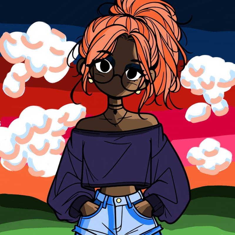 girl with a messy ponytail glasses a baggy crop top and jean shorts