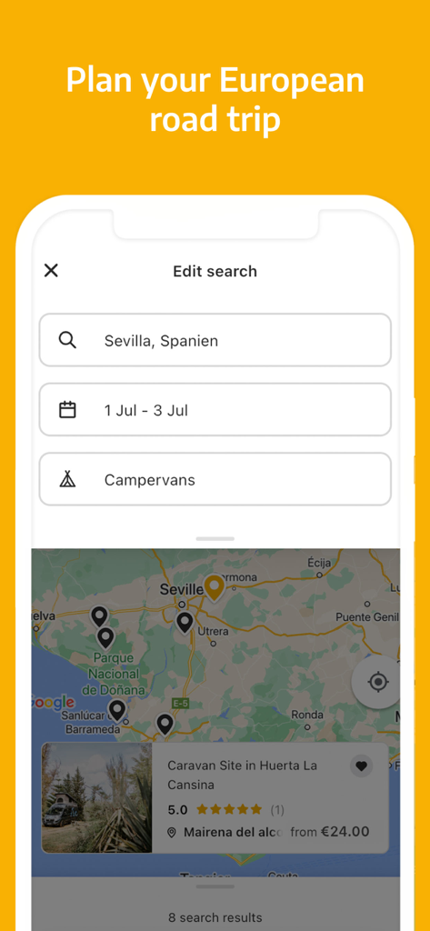 roadsurfer spots Campsites - Ein Smartphone-Bildschirm zeigt eine Karte mit verfügbaren Campingplatzstandorten in Sevilla, Spanien.