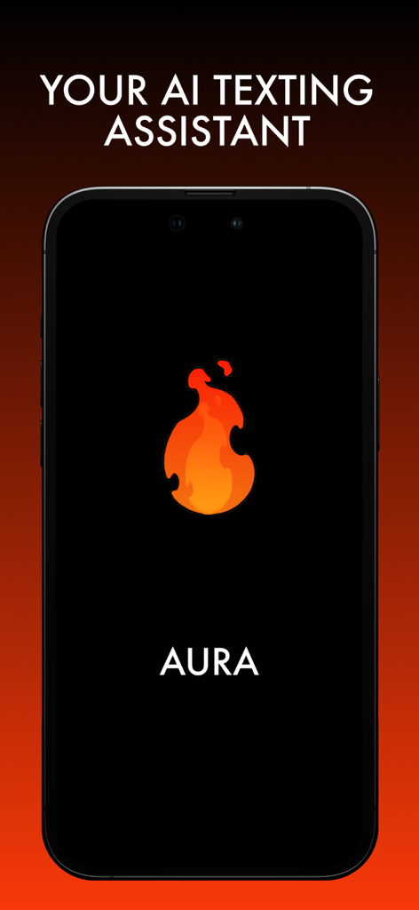 AURA: AI Texting Assistant - Pantalla principal de la aplicación AURA AI Texting Assistant con un logo de llama en una pantalla de smartphone