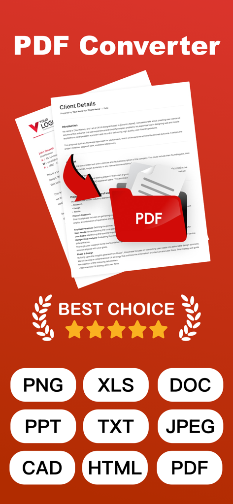 PDF Converter app interface showing support for multiple formats including PNG XLS DOC and PPT