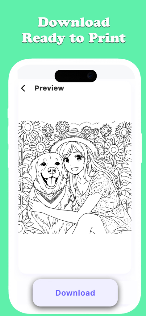 Mobile app interface displaying a custom AI-generated coloring page of a girl and her dog in a sunflower field with a download button.