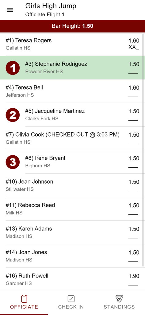 AthleticFIELD mobile app interface for officiating girls high jump event showing athlete names and result entries