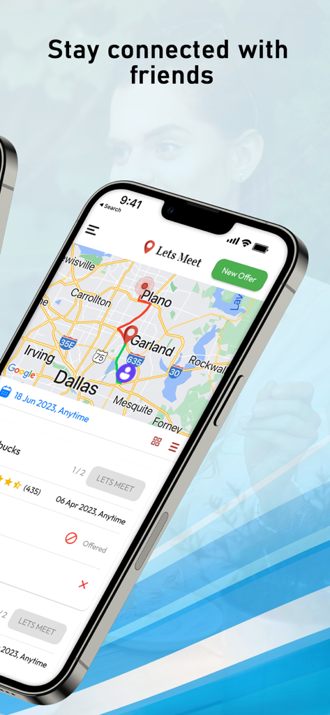 Una pantalla de teléfono inteligente que muestra la interfaz de la aplicación Lets Meet con un mapa del área de Dallas destacando posibles puntos de encuentro entre amigos.