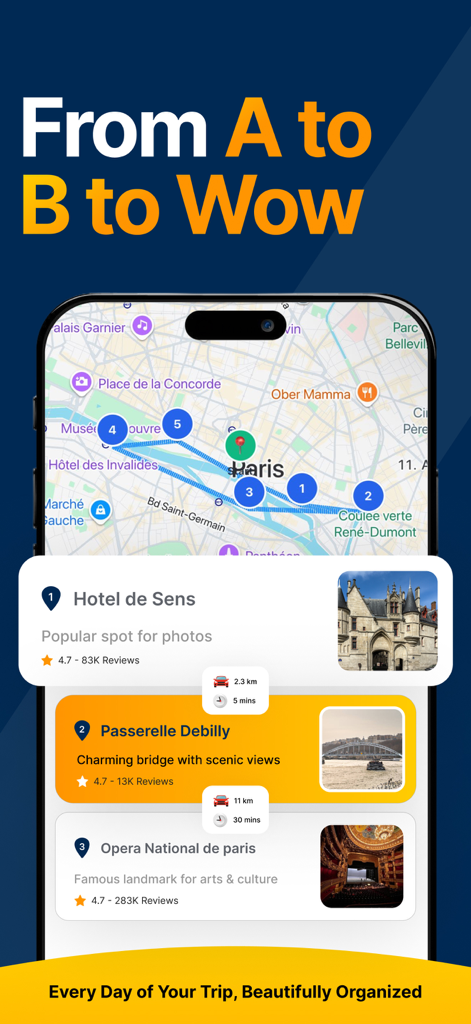 Triposo - Vacation Planner - Triposo app interface showing an interactive map of Paris with a curated travel itinerary and landmark descriptions