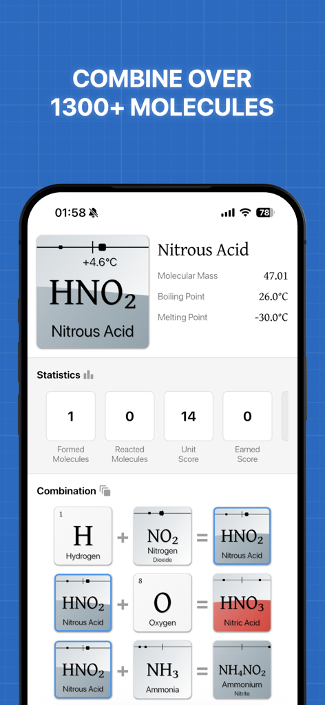 Alcyone - Alcyone app interface showing nitrous acid properties and chemical combination formulas
