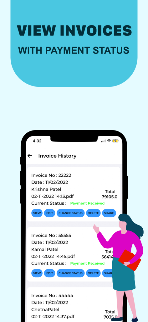 GST invoice and Bill Maker App - A mobile app interface displaying a list of invoices with payment status tracking and management features
