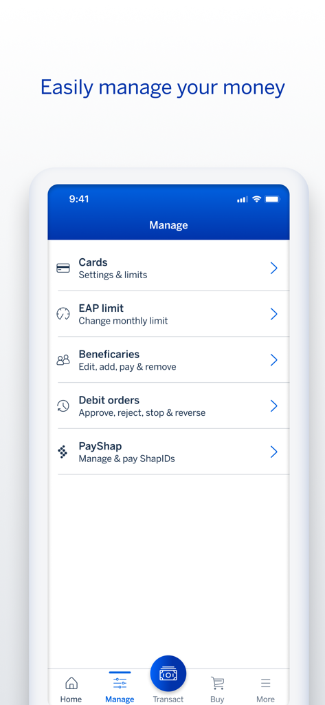 Standard Bank / Stanbic Bank - Interfaccia dell'app Standard Bank che mostra il menu Gestisci per carte, beneficiari e ordini permanenti