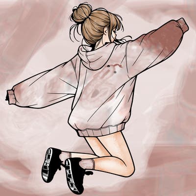 realistic girl jumping with a bun and oversized sweatshirt
