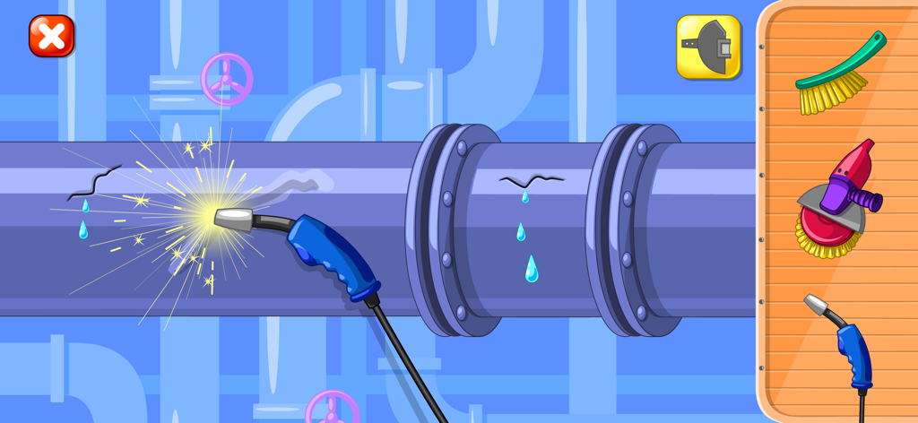Schweißbrenner repariert ein undichtes blaues Rohr in der Bauarbeiter-Spiel App