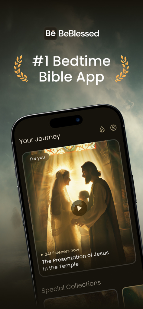 BeBlessedMe - BeBlessed 모바일 앱 인터페이스, 영적인 미학으로 수면을 위한 성경 이야기 낭독 표시