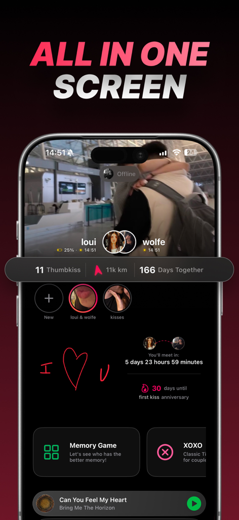 Thumbkiss: Couple Touch - Thumbkiss app dashboard showing couple statistics distance tracking and relationship features